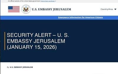 Screen capture of a US Embassy in Jerusalem security alert on travel to Israel, issued January 15, 2026. (US Embassy Jerusalem)